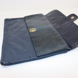 Vintage Navy Blue Leather Envelope‎ Clutch Purse Dual Flap